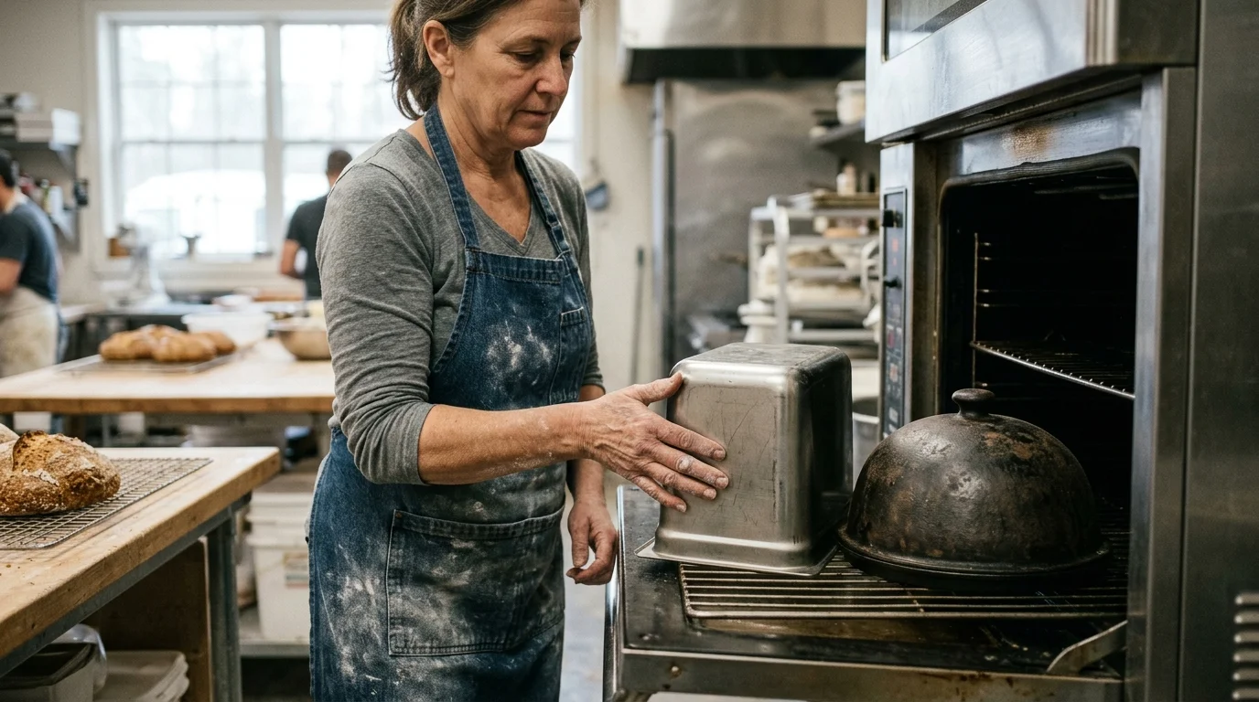 A baker placing an inverted stainless steel pan next to a cast iron cloche on an open oven rack.
