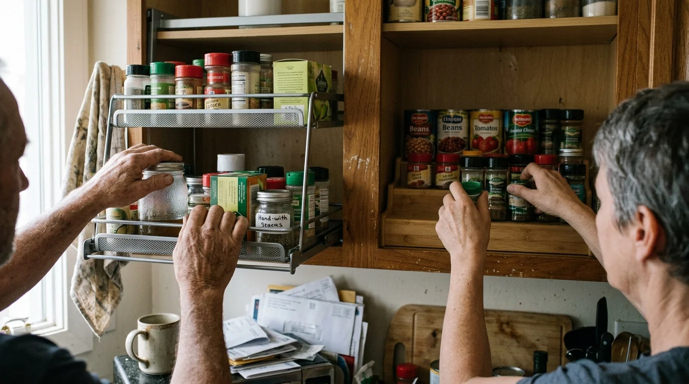 Two people organize kitchen cabinets using a metal pull-down spice rack beside a tiered wooden stadium riser.