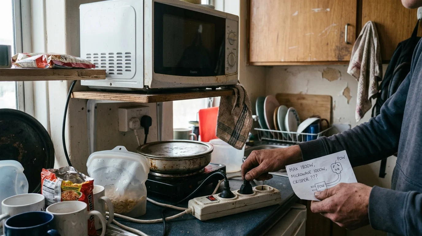 A person plugs an appliance into a power strip on a counter beside a microwave, dishes, and a handwritten note.