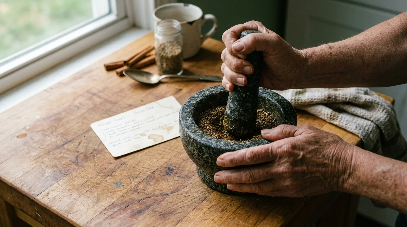 Hands grinding seeds with a dark granite mortar and pestle on a wooden table beside cinnamon sticks and a recipe card.