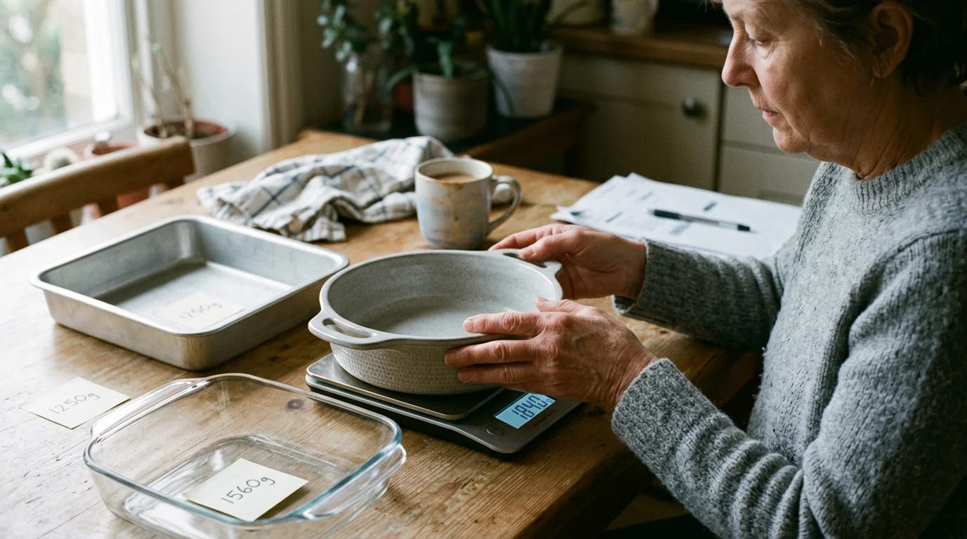 A woman weighs an empty ceramic dish on a digital scale next to glass and aluminum baking pans on a table.