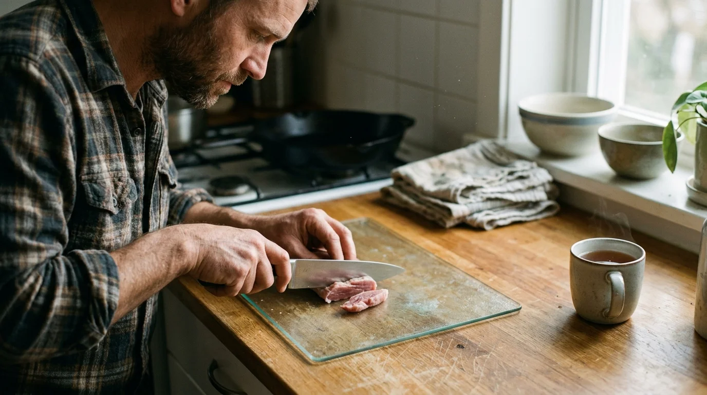 A man cuts raw meat with a kitchen knife on a clear glass cutting board atop a wooden counter.
