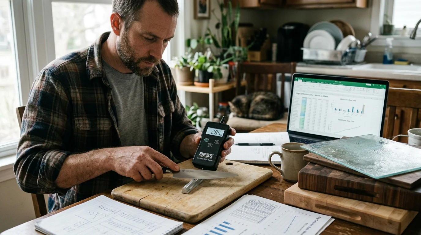 A man tests a kitchen knife edge with a digital BESS sharpness tester beside a laptop and cutting boards.