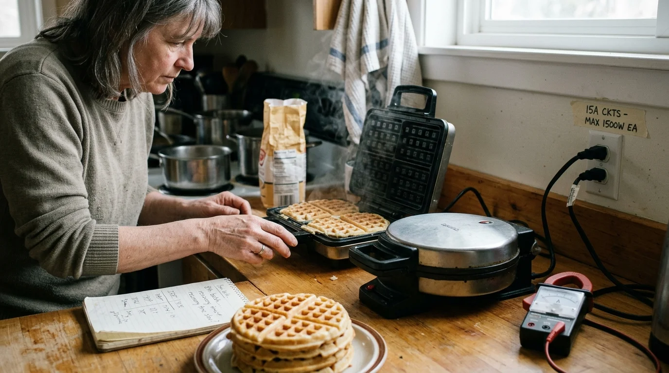 A woman baking waffles at a wooden counter beside waffle makers, an electrical meter, and a 15-amp wall outlet.