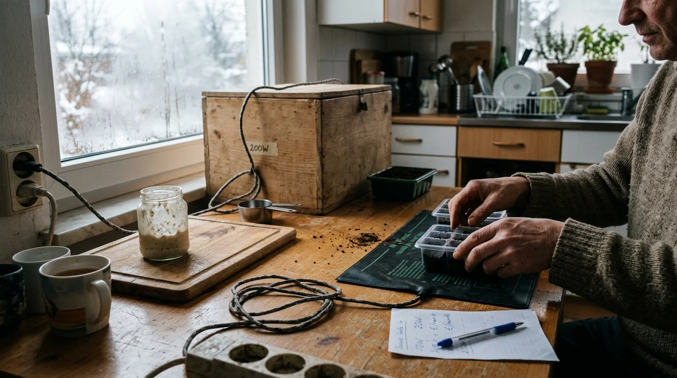 A man at a kitchen table tends seedling trays on a heating mat next to a wooden box and sourdough starter jar.