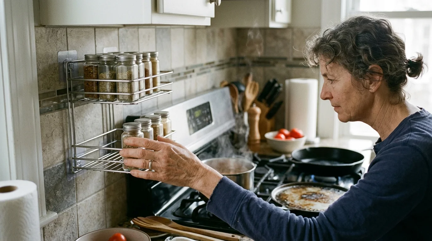 Woman reaching for a spice jar from a wire rack mounted on a tiled backsplash beside a gas stove.