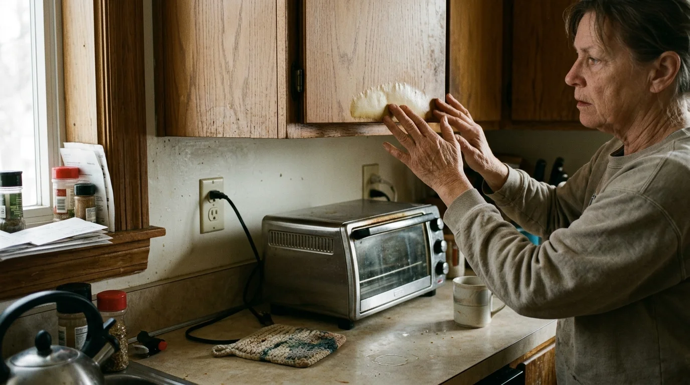 A woman inspects a heat-damaged spot on a wooden cabinet directly above a countertop toaster oven.
