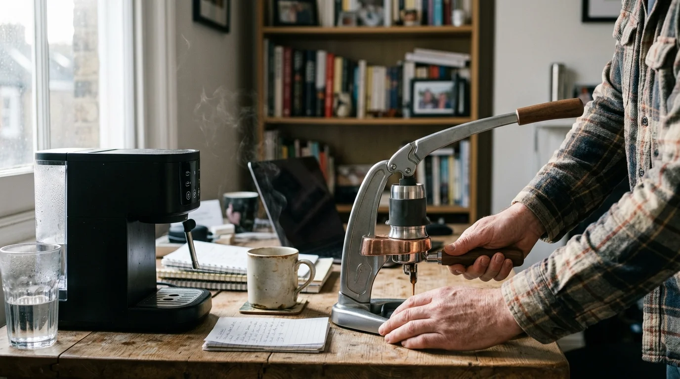 A person presses a manual lever espresso maker on a wooden desk next to a compact electric espresso machine.