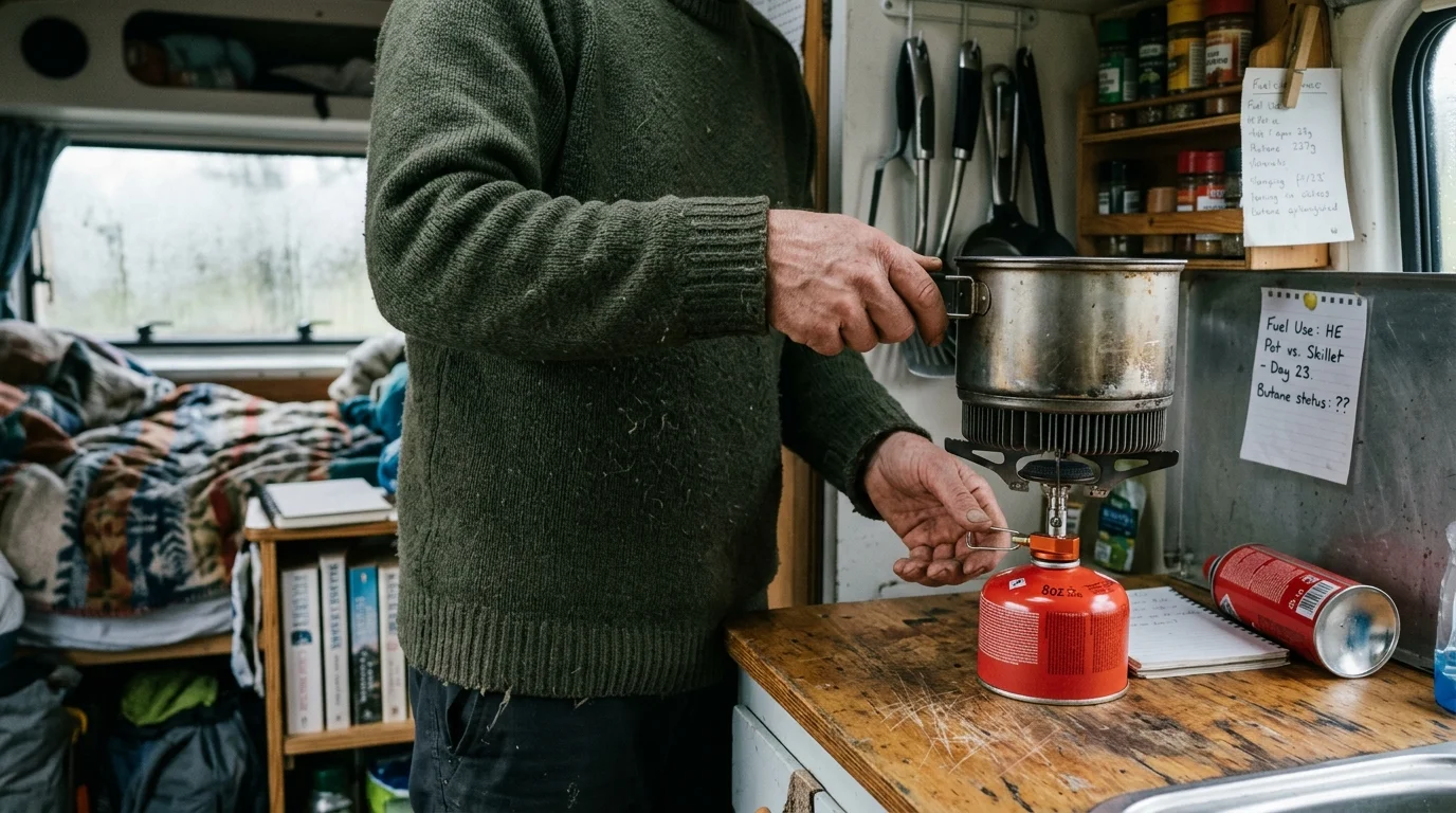 A person adjusts a small camping stove mounted on an eight-ounce fuel canister inside a rustic camper van kitchen.