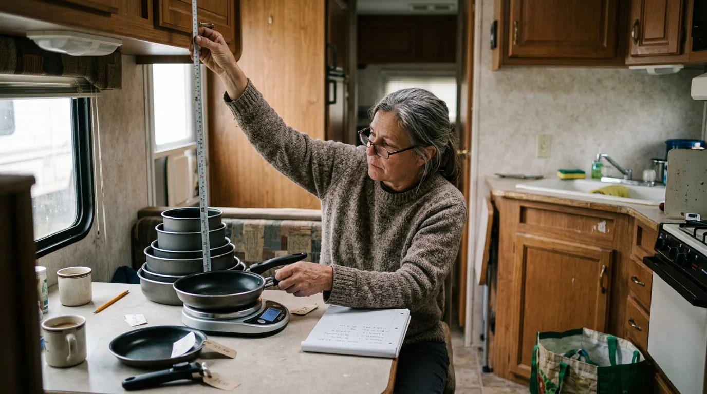 A woman inside an RV measuring a stack of pots with a tape measure while weighing a frying pan on a digital kitchen scale.