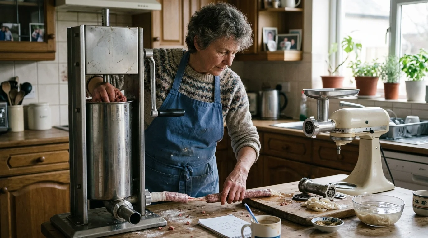 A woman in an apron operating a vertical manual sausage stuffer beside a cream-colored stand mixer on a kitchen island.