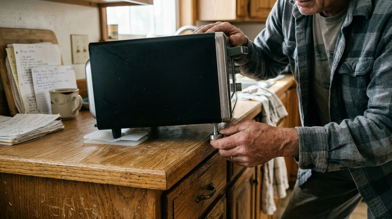 A man adjusts a screw-in leveling leg on a small black countertop oven sitting on a wooden kitchen counter.