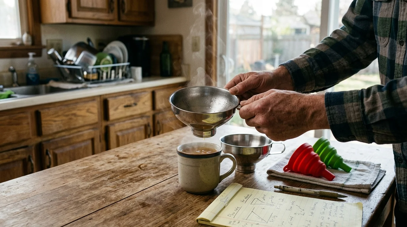 A person holds a steaming stainless steel funnel over a mug alongside silicone funnels and notes on a wooden kitchen table.