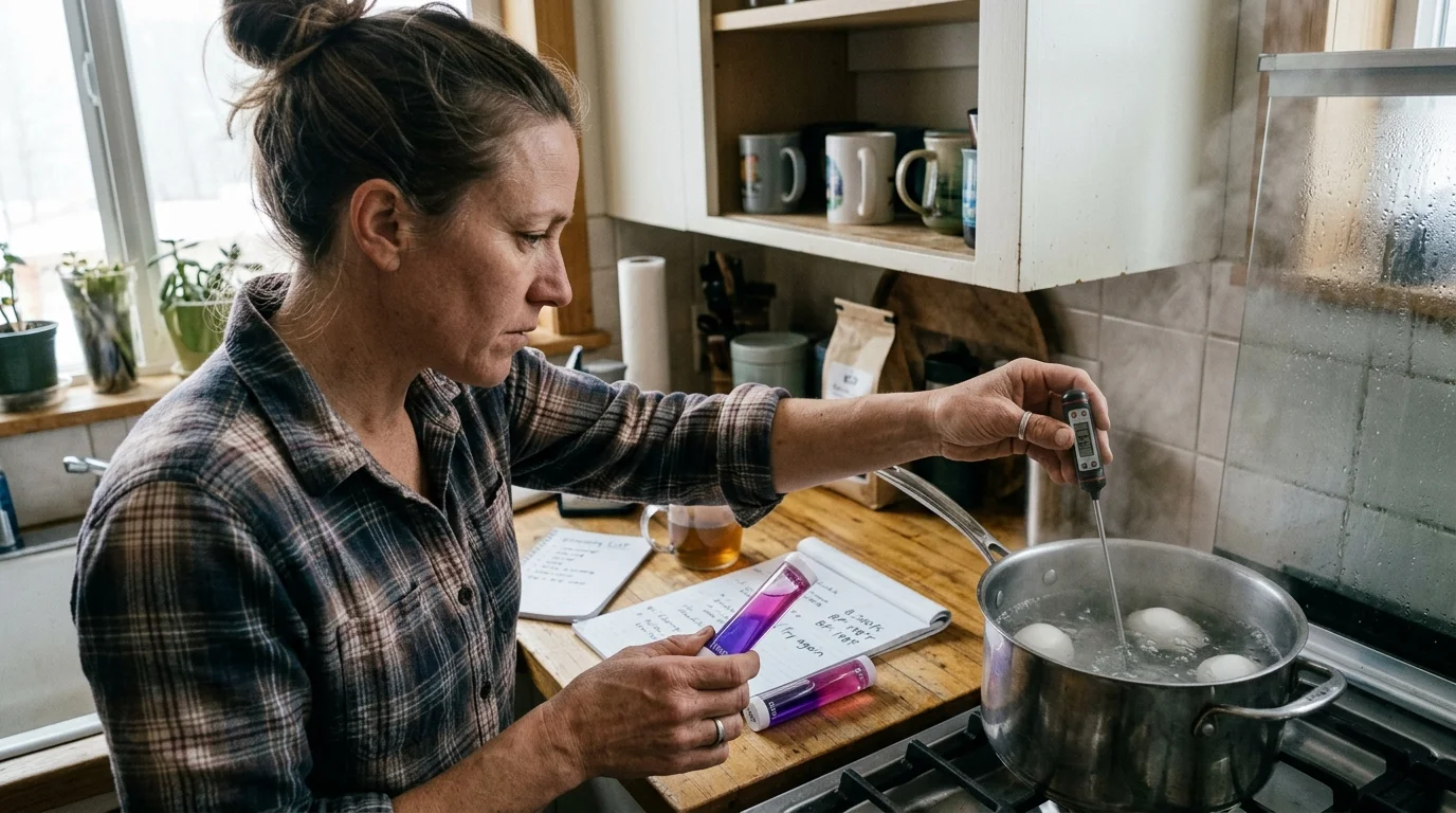 Woman holding a purple tube while inserting a digital probe thermometer into a boiling pot of eggs on a stove.
