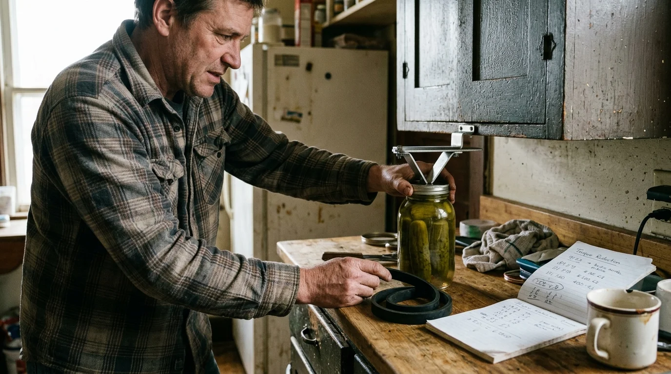 Man in a plaid shirt testing an under-cabinet V-wedge jar opener on a pickle jar next to a strap wrench and notepad.
