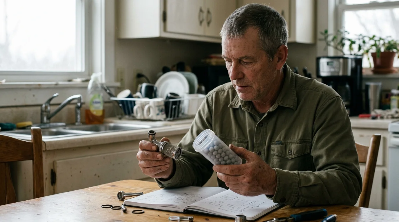A man sits at a kitchen table comparing a metal mesh pipe filter and a clear container of small round mineral balls.