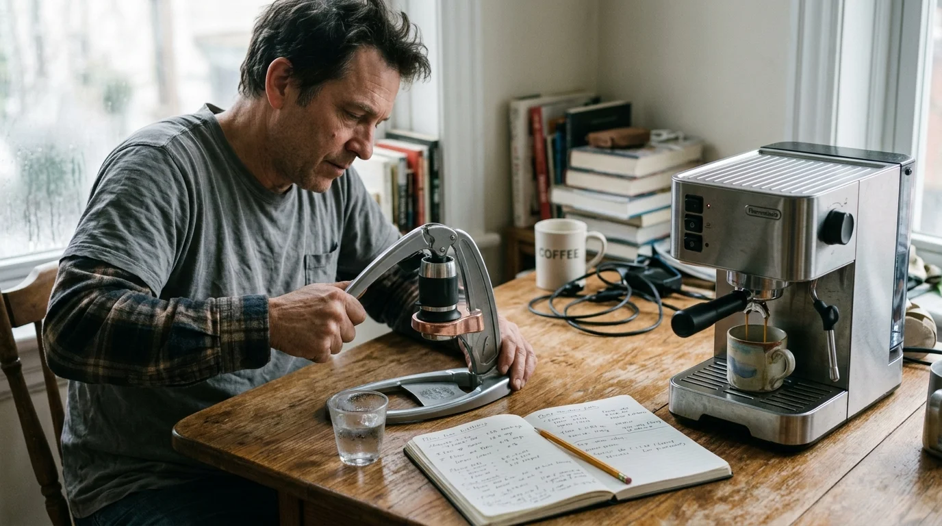 A man operates a manual lever espresso maker beside an electric thermoblock machine brewing espresso into a cup.