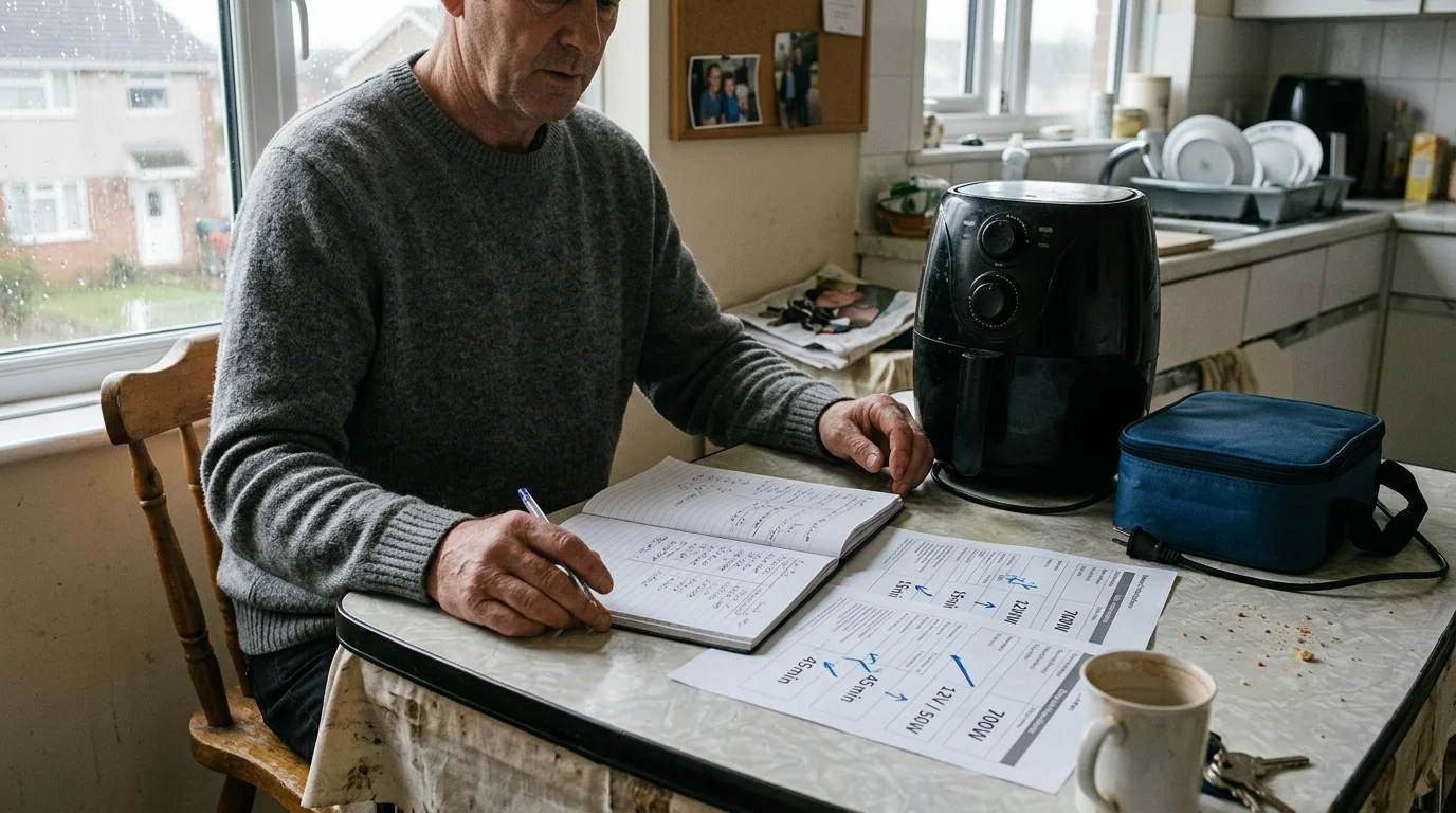 A man sits at a table writing in a notebook next to a black air fryer and a blue insulated lunchbox bag.