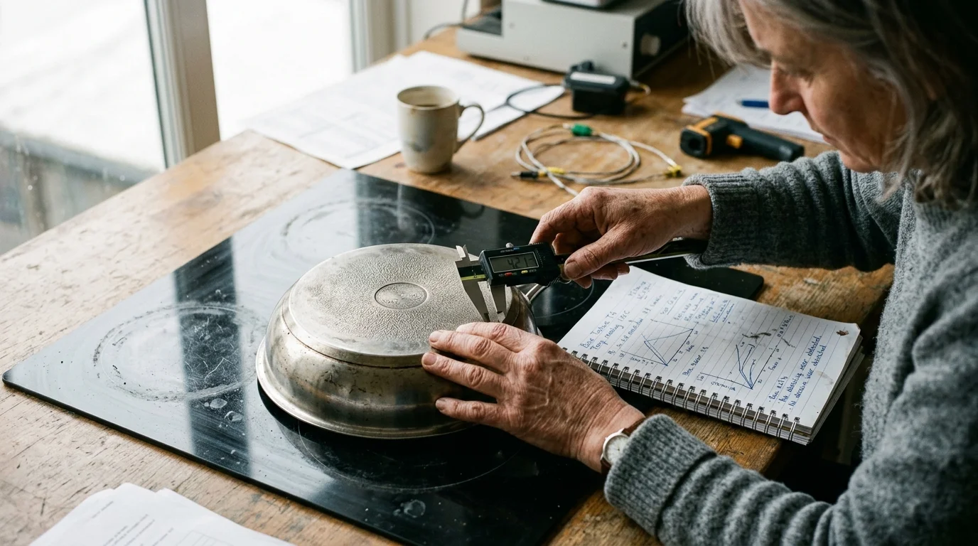 A person uses digital calipers to measure an overturned metal pan resting on a black glass-ceramic cooktop.