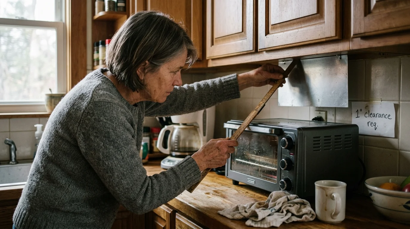 A woman measuring the clearance space between a toaster oven and wooden kitchen cabinets with a folding wooden ruler.