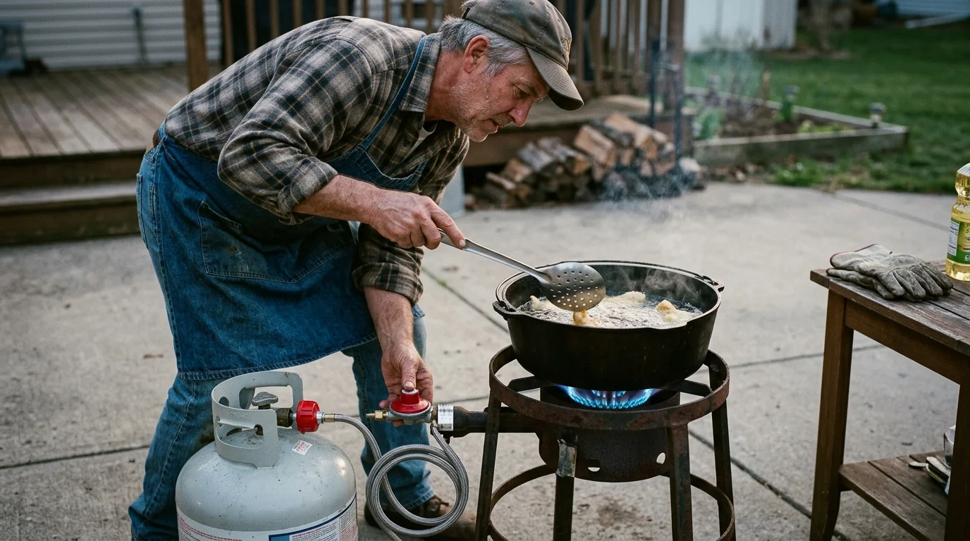 A man deep-frying food in a cast iron pot over an outdoor propane burner on a patio.