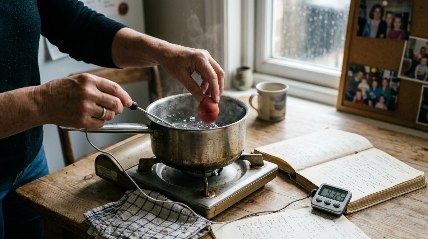 A person lowers a red egg into boiling water on a tabletop burner alongside a digital probe thermometer reading 93.2°C.