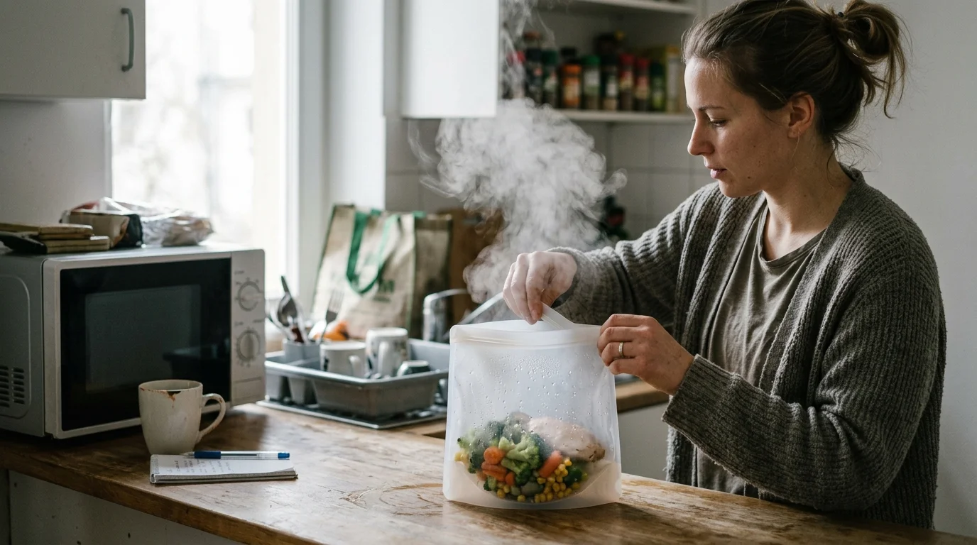 A woman in a kitchen opens a translucent silicone steam bag filled with hot vegetables and chicken, releasing steam.