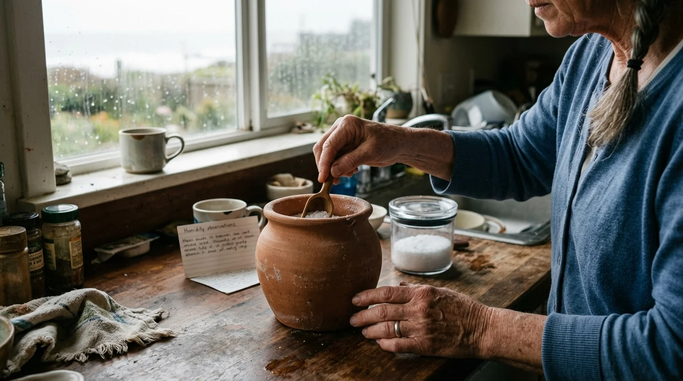 A person using a wooden spoon to scoop salt from a terracotta pot on a wooden counter next to a rainy window.