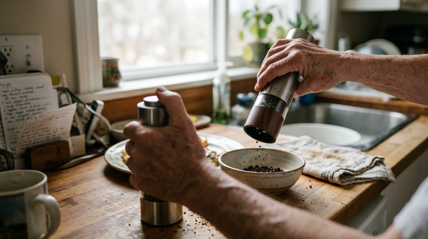 A person using electric salt and pepper grinders over a bowl on a wooden kitchen counter.