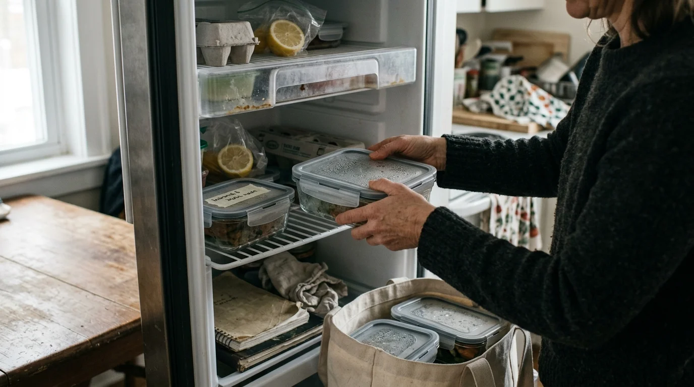 A person placing a lidded glass meal prep container onto an open refrigerator shelf near a tote bag packed with food.