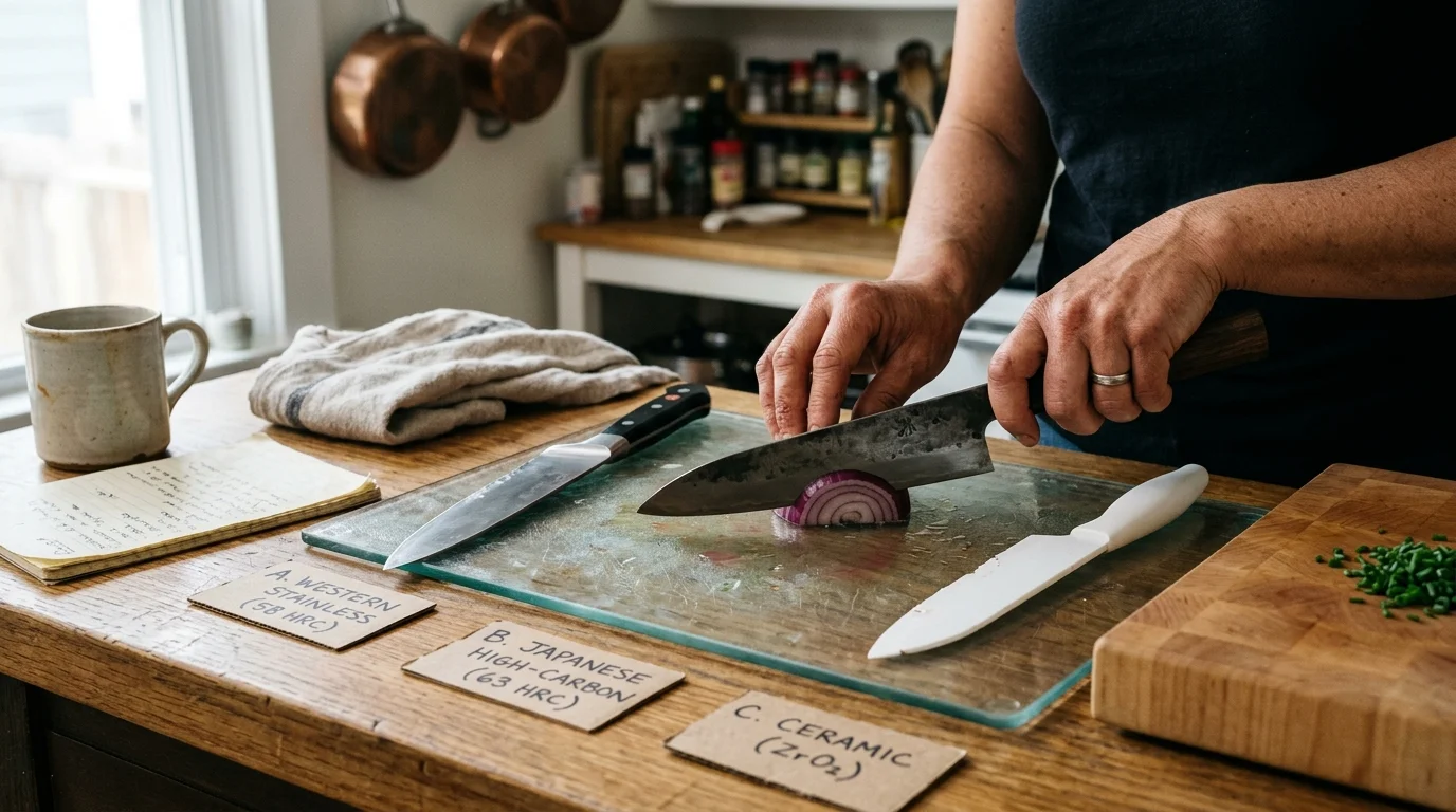 Three different kitchen knives arranged on a counter beside a glass board with handwritten cardboard labels identifying steels.