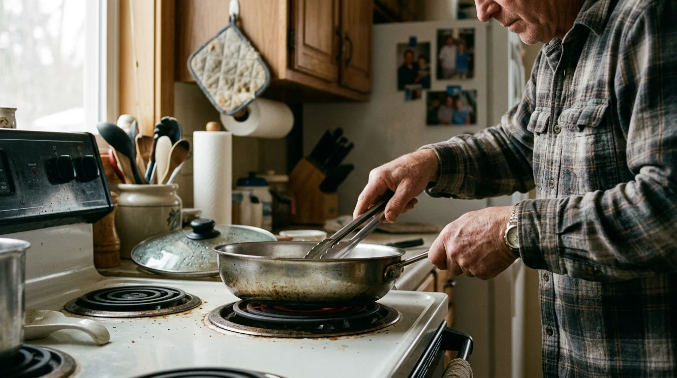 A man in a plaid shirt cooks with tongs in a skillet on an electric coil stovetop.