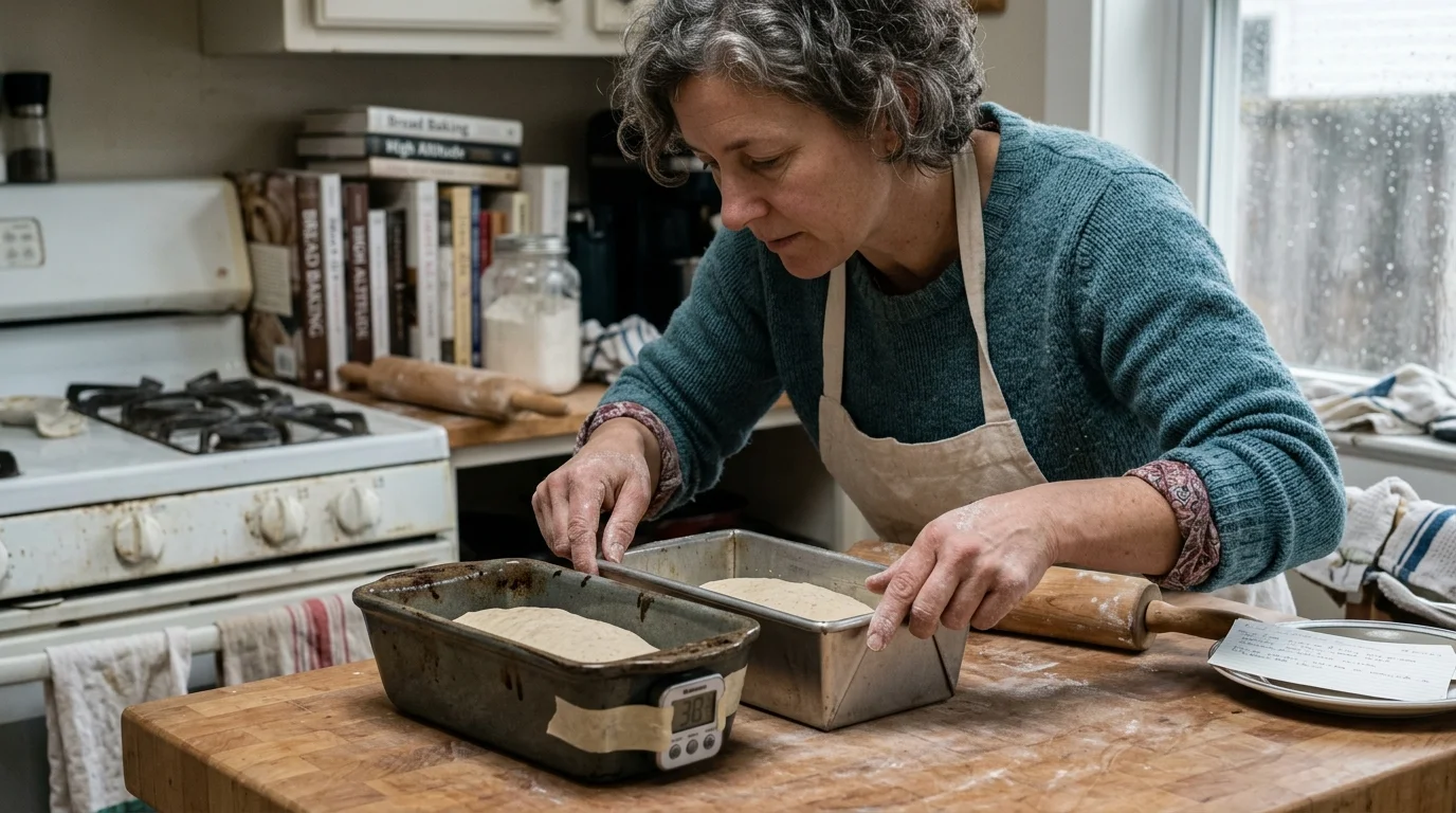 A woman in an apron checking bread dough proofing in two metal loaf pans on a wooden kitchen counter.