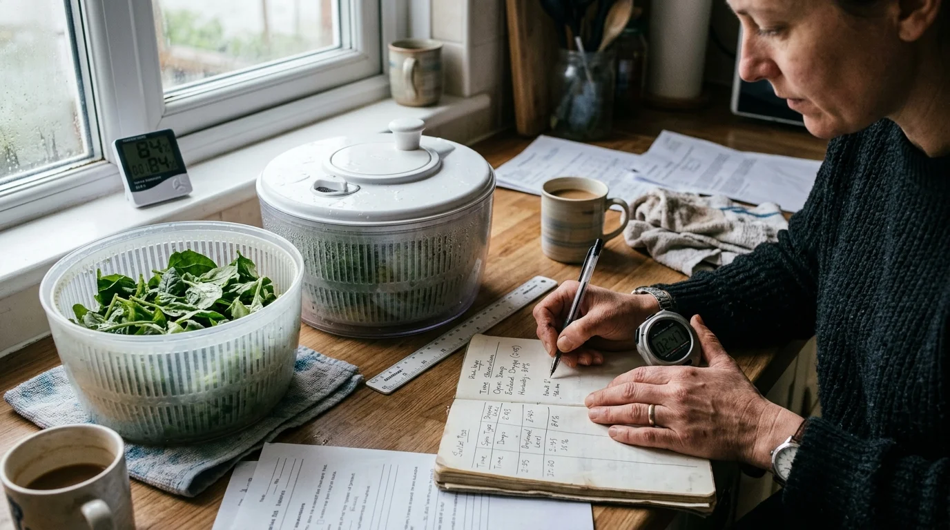 A person recording data in a notebook next to salad spinners, greens, a digital hygrometer, and a stopwatch on a counter.