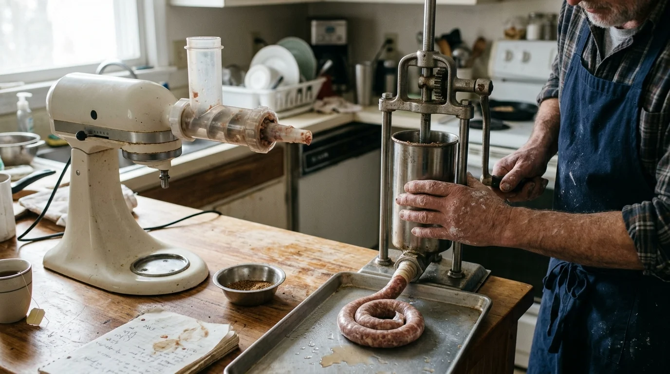 A stand mixer with a grinder attachment next to a person operating a vertical sausage stuffer on a wooden counter.