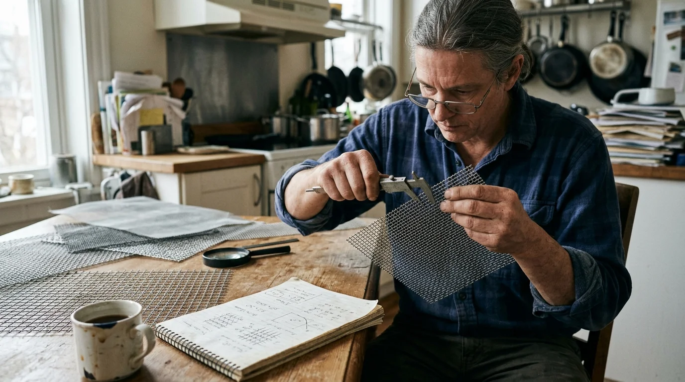 A man wearing glasses sits at a kitchen table using calipers to measure a square sheet of metal wire mesh.