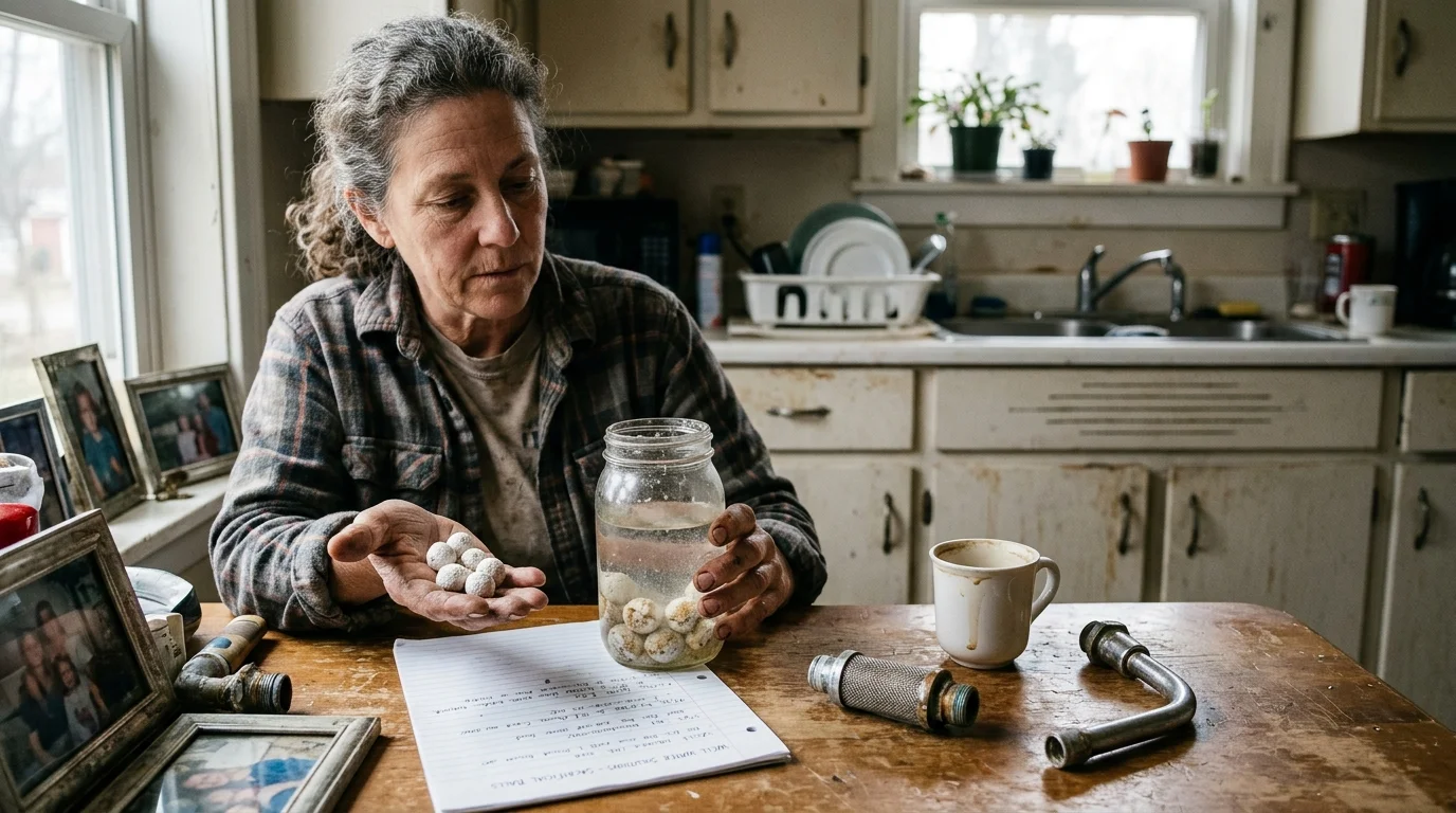 A woman sits at a table holding mineral absorber balls beside a jar of water, plumbing parts, and notes.