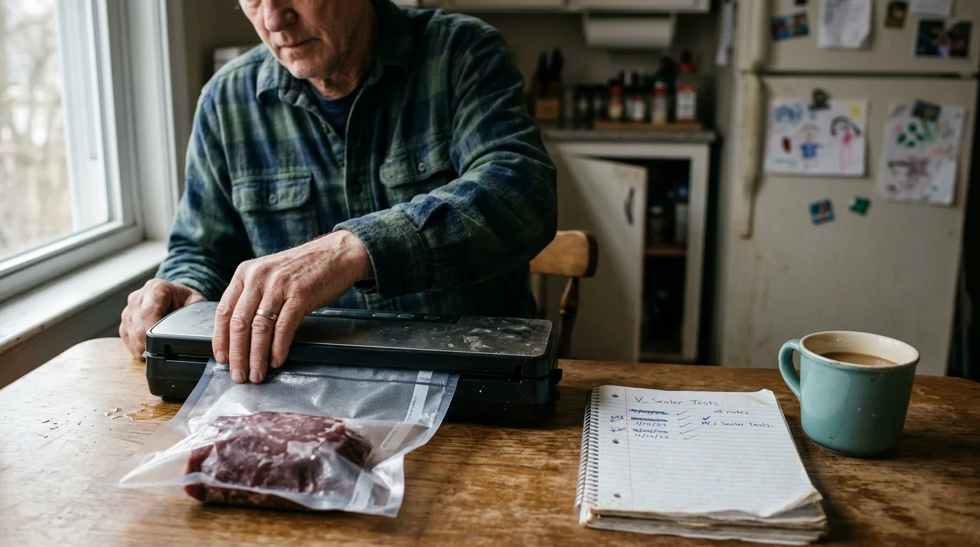 A man in a flannel shirt vacuum-sealing raw meat on a wooden table beside a notebook and a coffee mug.