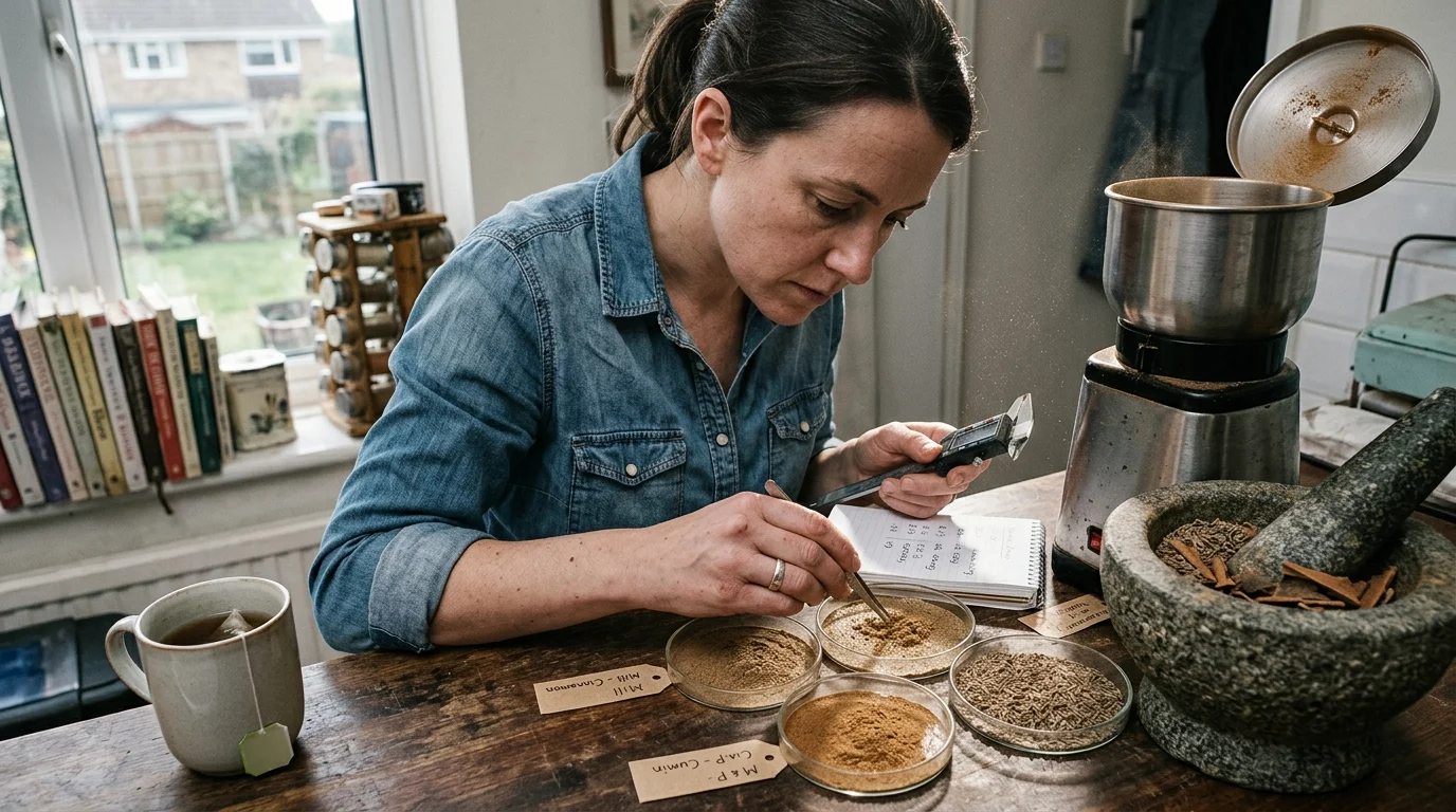 A woman inspecting spice samples in Petri dishes with tweezers, beside an electric grinder, mortar and pestle, and notebook.