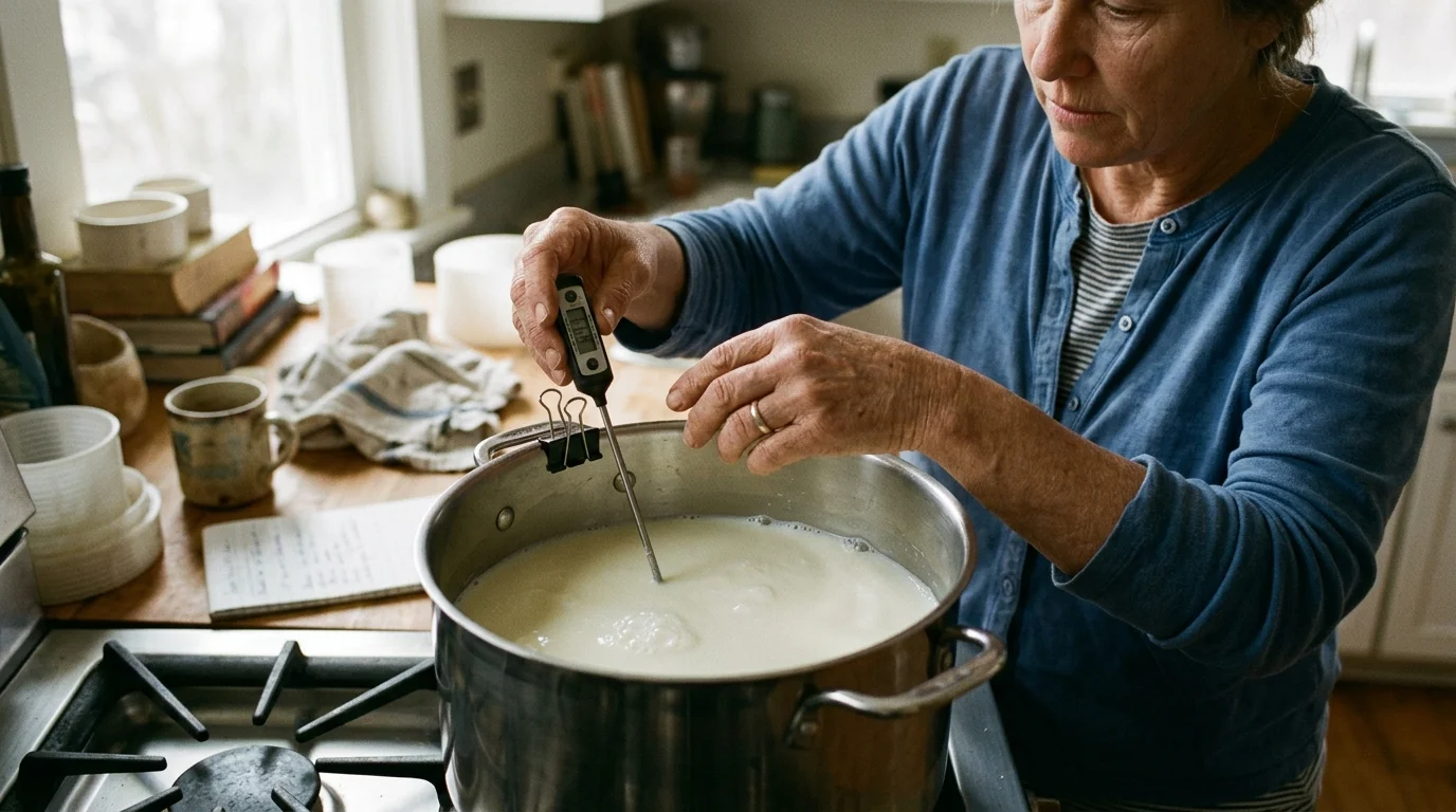 A person inserts a digital thermometer probe into a pot of milk on a gas stove, next to a black binder clip on the rim.