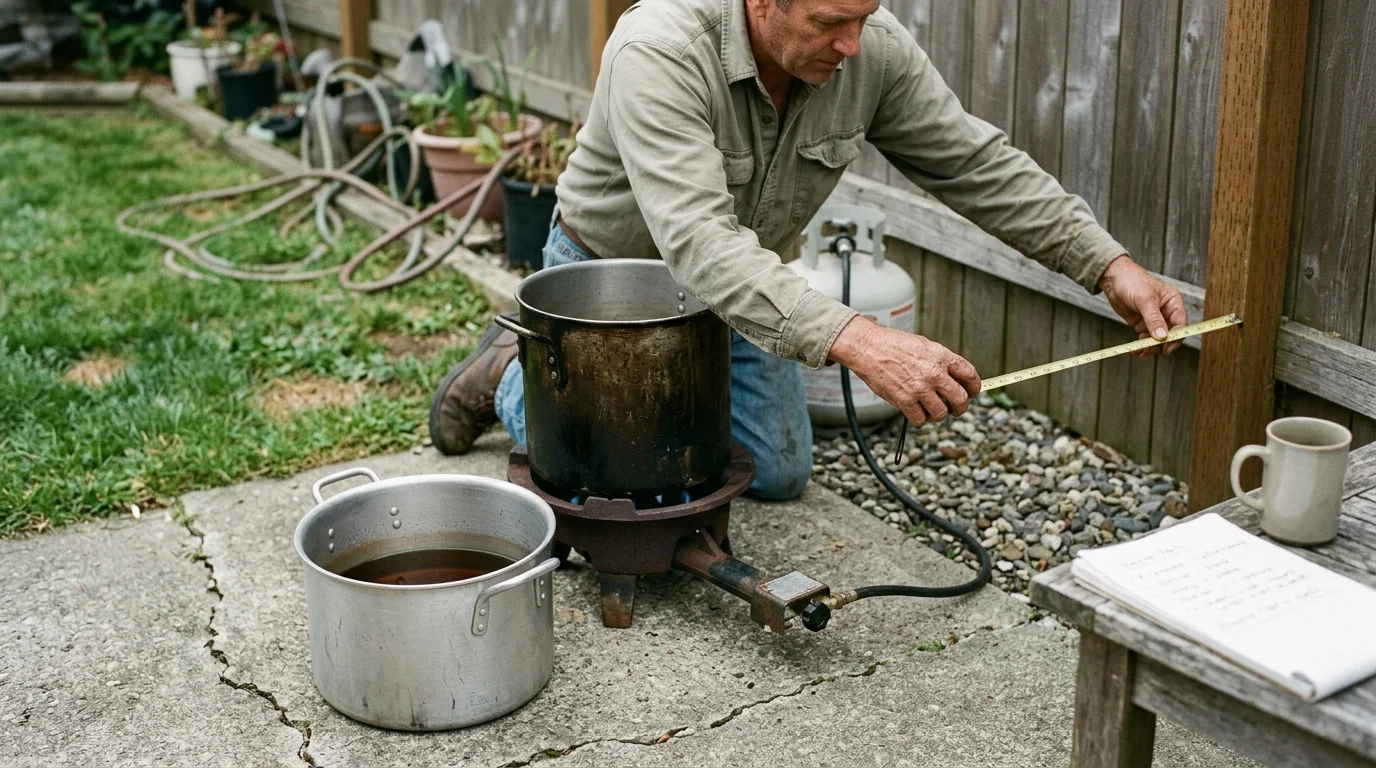 A man uses a measuring tape to check the distance between a propane burner with a stockpot and a wooden fence.