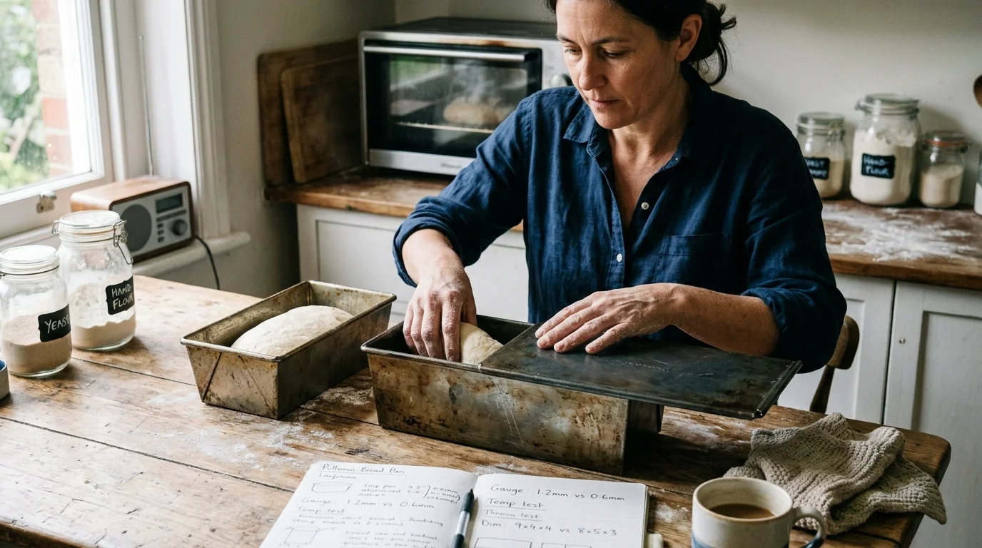 A woman slides a lid onto a metal Pullman loaf pan filled with dough on a wooden kitchen table.