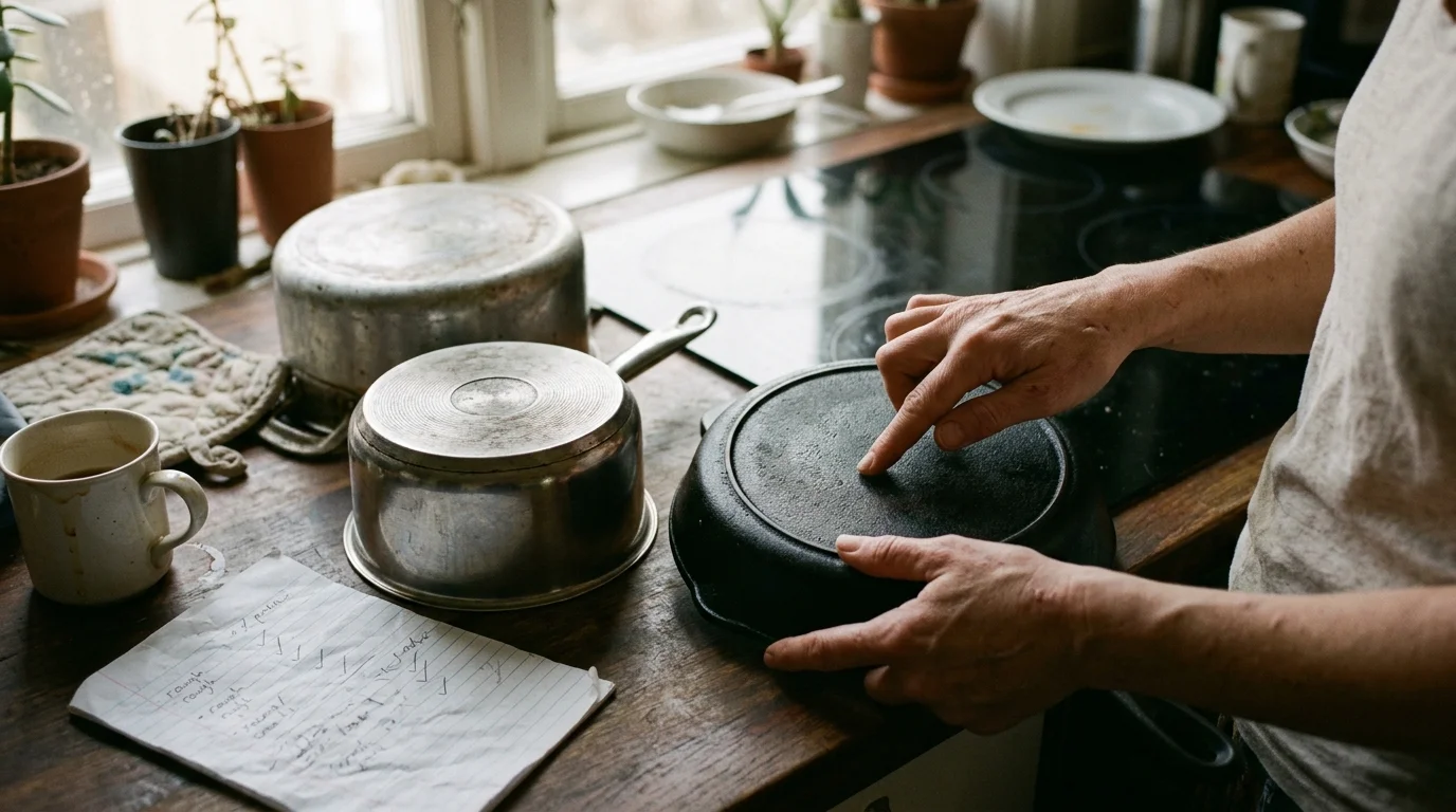 Person touching the bottom of an upside-down cast iron skillet next to stainless steel pots on a counter.