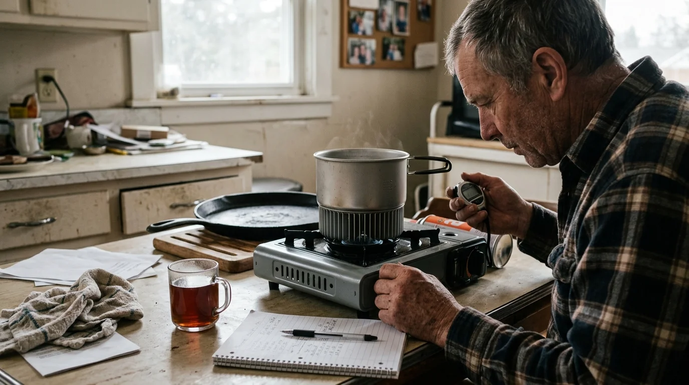 A man timing a heat-exchange pot heating on a portable cassette stove next to a notebook on a kitchen table.