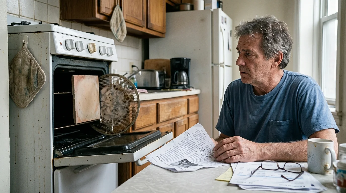 A man sits at a kitchen table holding papers next to an open gas oven containing a tile and pizza screen.