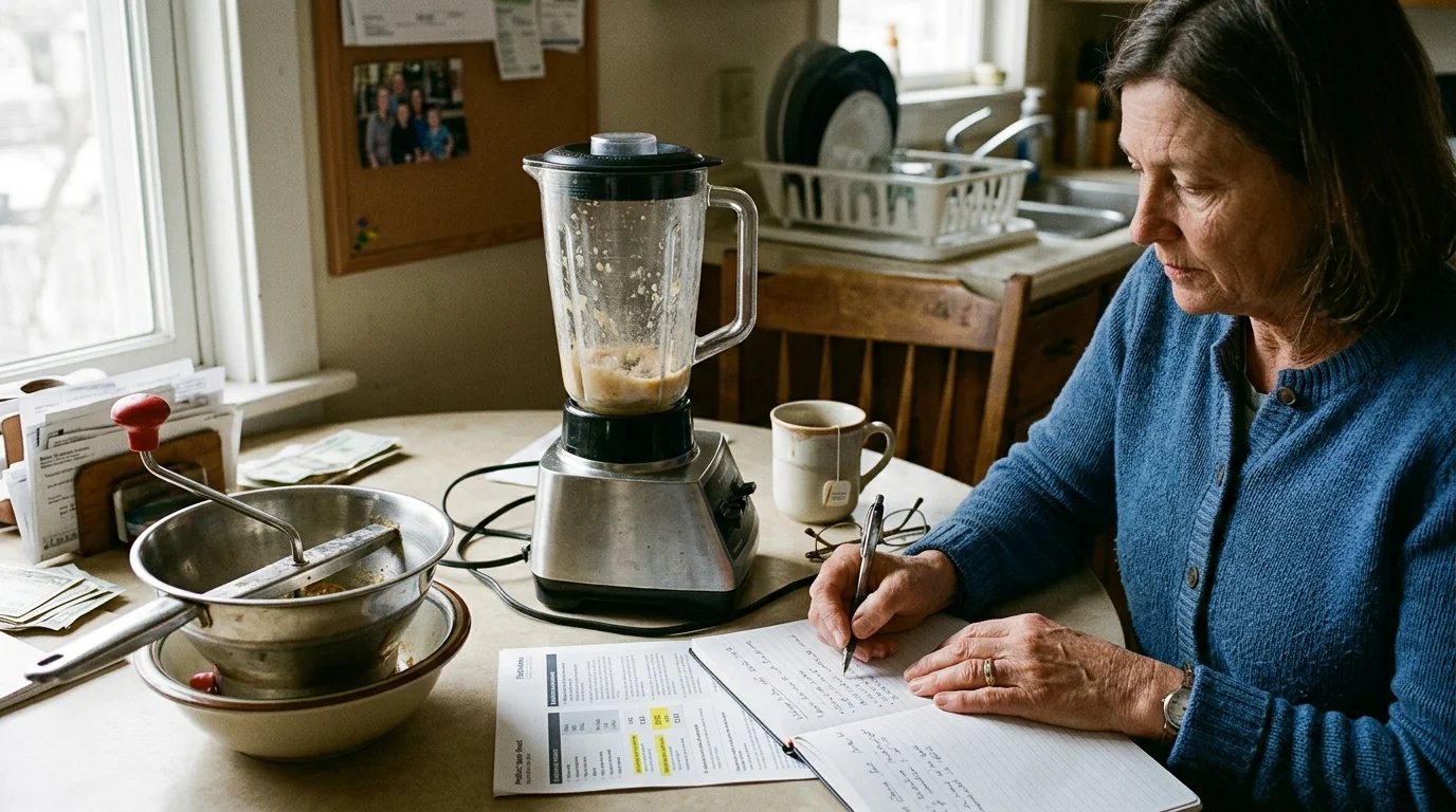 A woman sitting at a table writing in a notebook next to a blender and a manual food mill.