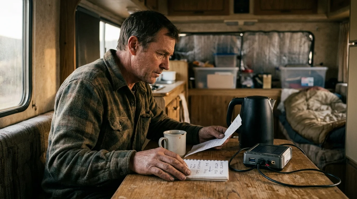A man sitting inside a camper van reviews notes beside an electric kettle, a coffee mug, and a small power device.