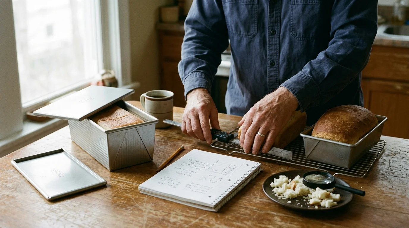 A baker measures a loaf of bread with calipers next to Pullman pans, notes, and an open tin loaf on a wooden table.