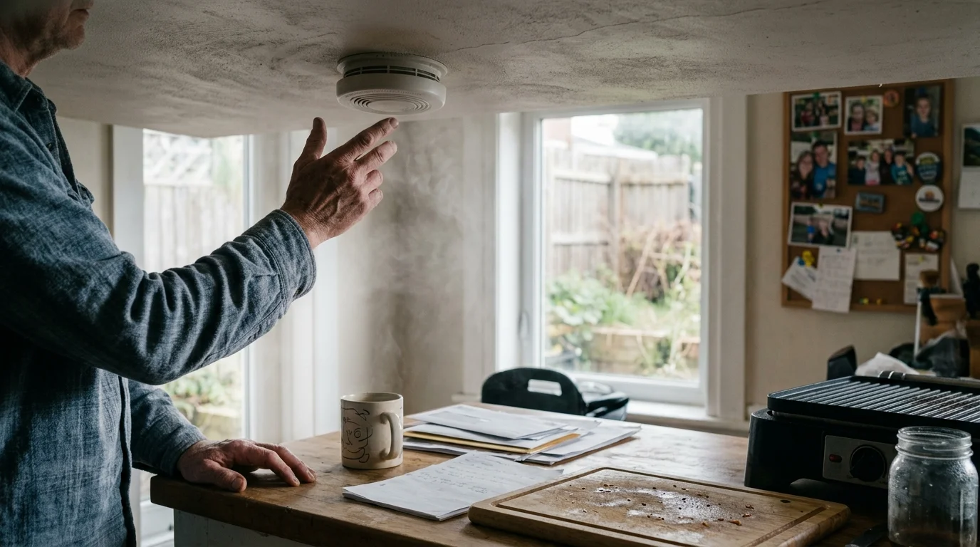 A man reaches toward a ceiling smoke detector above a kitchen counter near a steaming mug and an electric grill.