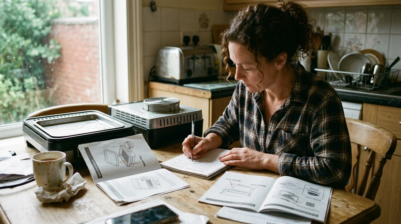 A woman sitting at a kitchen table writing notes beside appliance manuals and two compact countertop grills.
